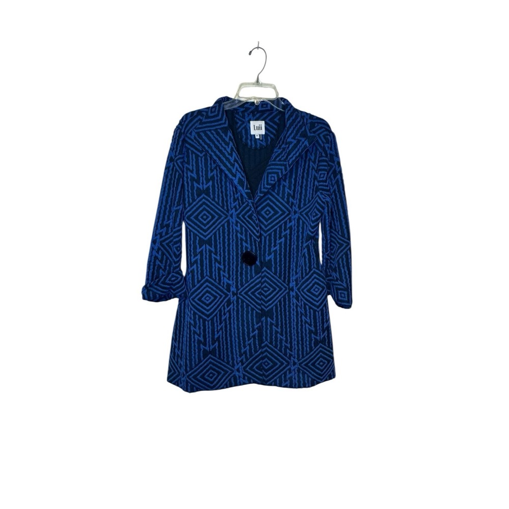 Luii Women's Jacket Textured Geometric Print Big Button Mid Length Blue‎ Medium